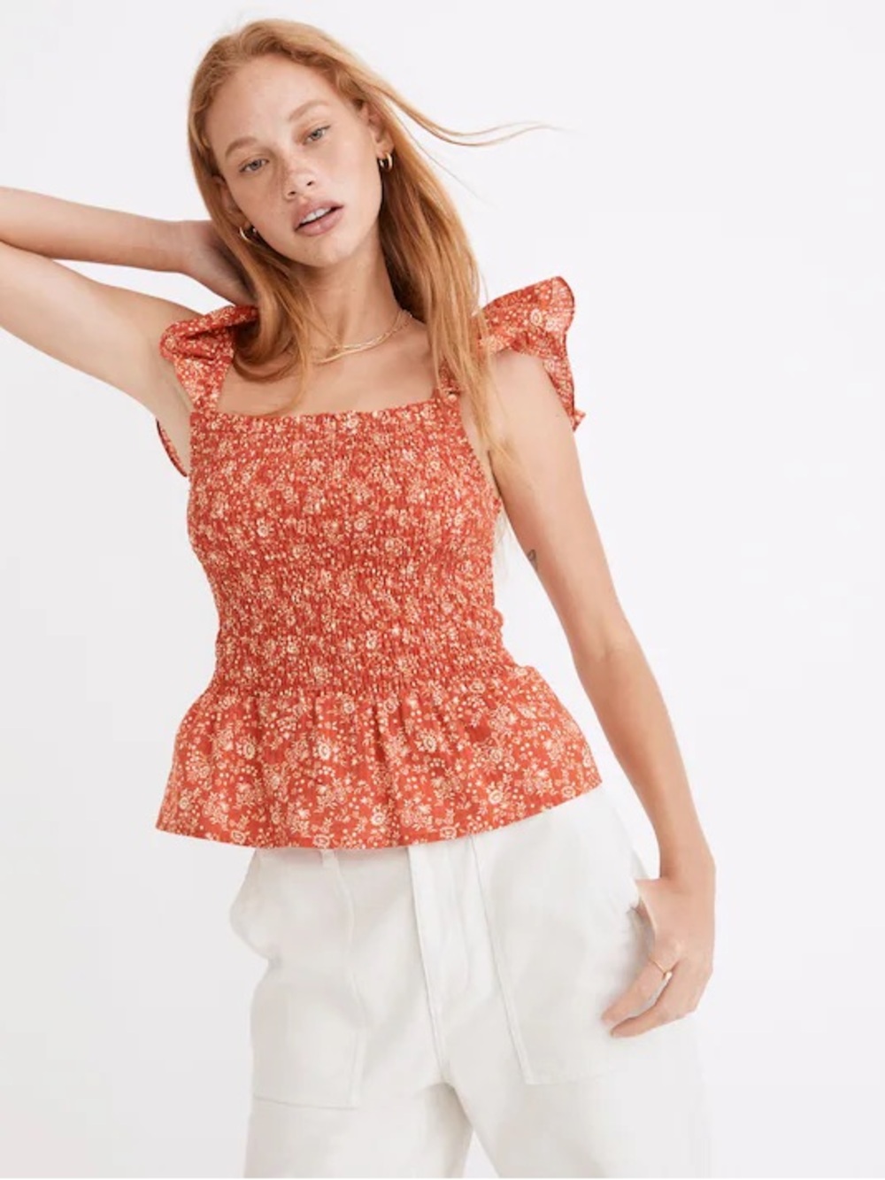 Madewell Lucie Smocked Peplum Top in Piazza Floral - Fresh Chili